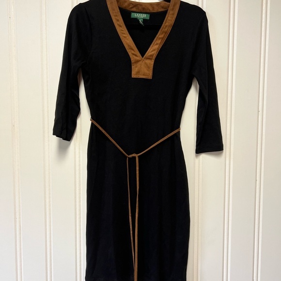 Ralph Lauren Dresses & Skirts - Ralph Lauren Black Dress w Suede Brown V-Neck and Belt. petite Small 100% cotton
